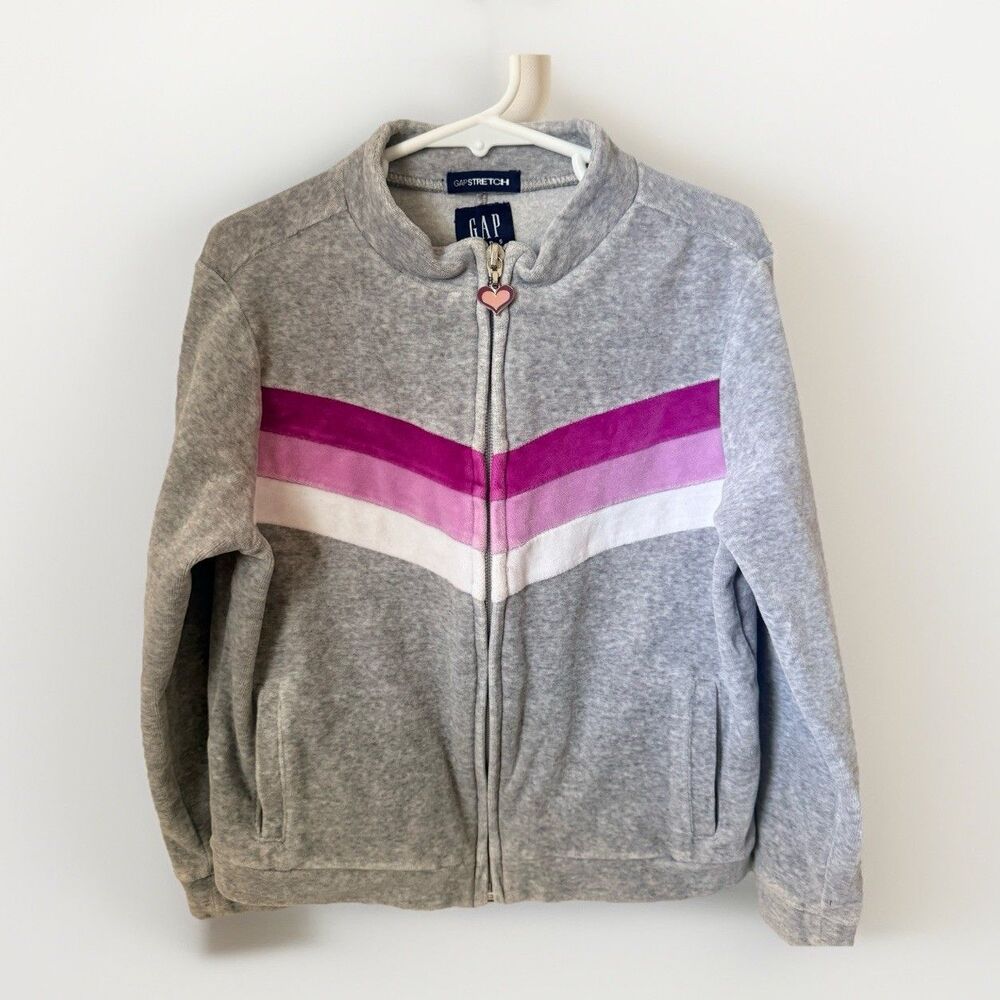 Gap Jacket Girls 6/7 Gray Pink Velour Chevron Stripe Track Y2K Sporty Girly Cute